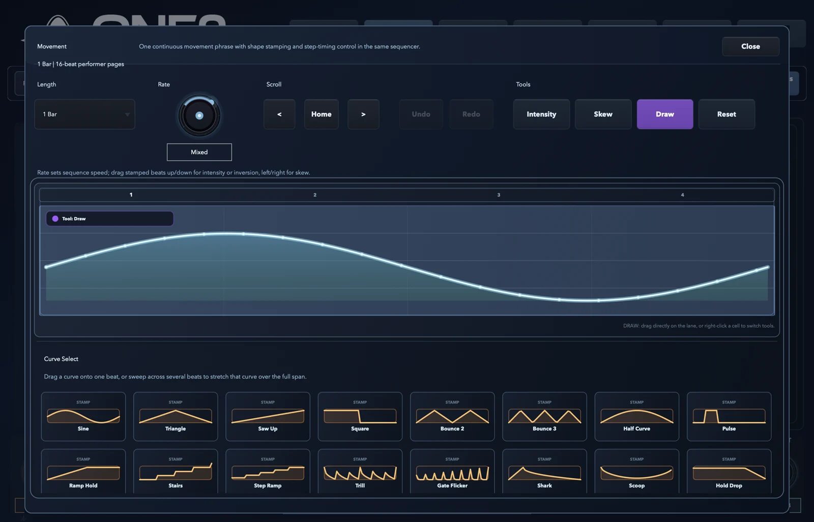 ONE8 movement editor — drawing a curve into a phrase