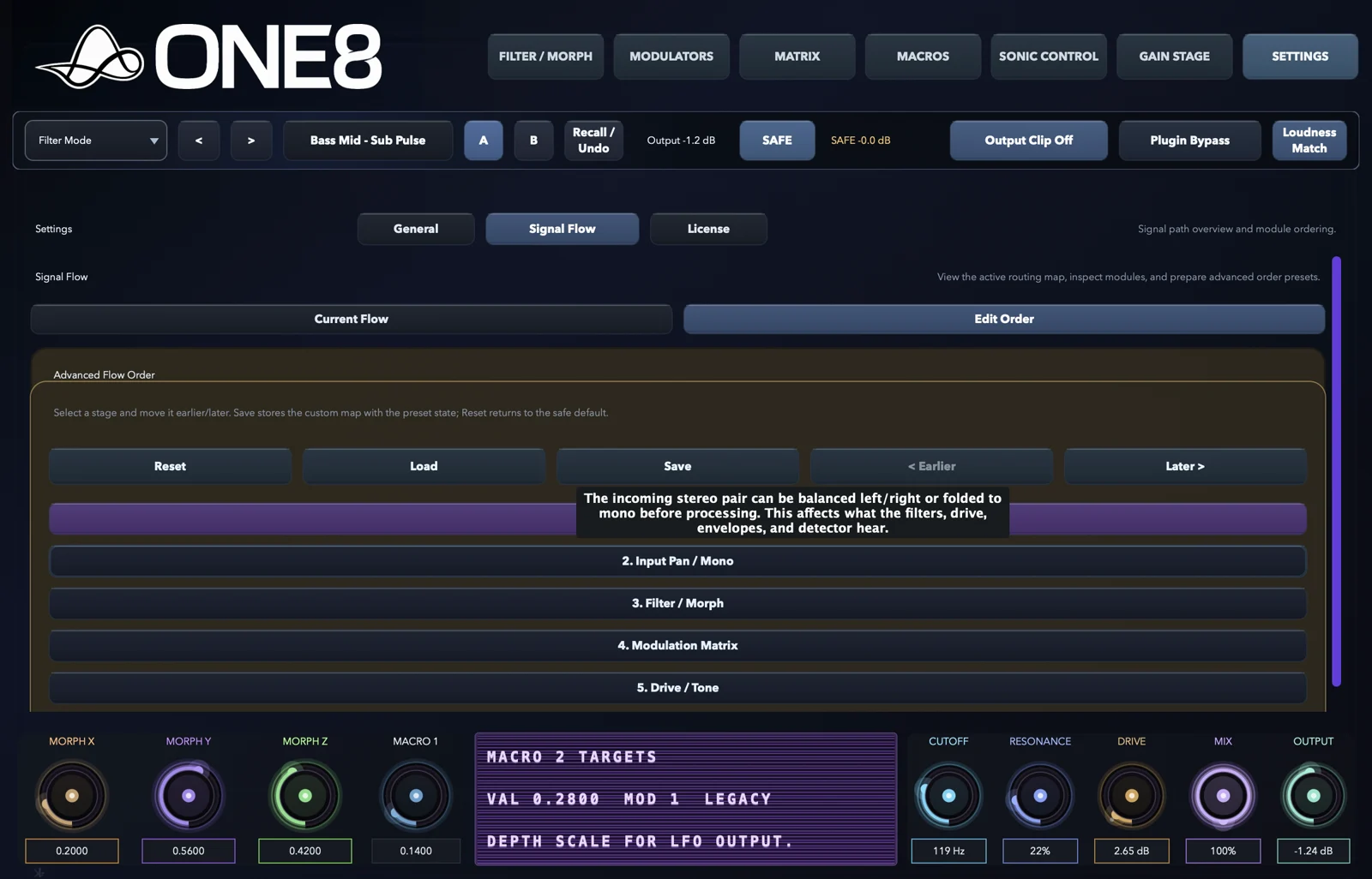 ONE8 signal flow settings page
