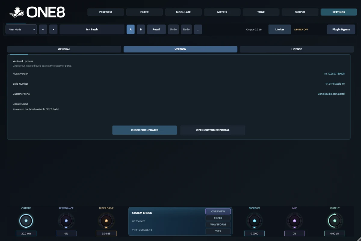 ONE8 Stable 10 Settings page